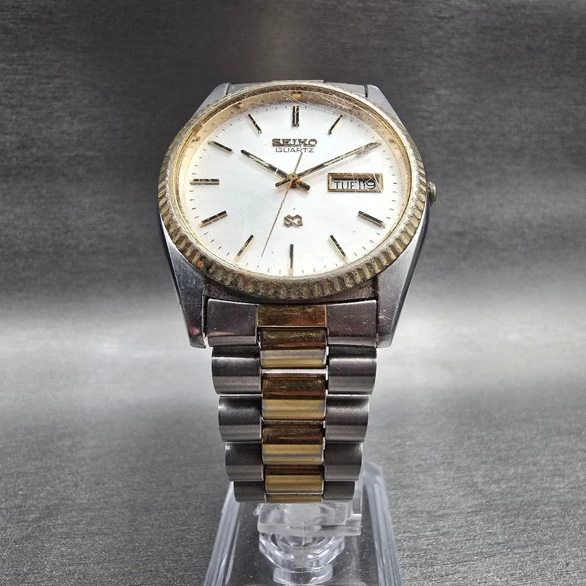 Seiko President Watch Men 35mm Silver Dial Two Tone Daydate SQ 5Y23-8A69 New Bat5