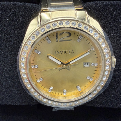 Invicta Angel Watch Women 38mm Gold Dial Gold Tone Date Round Crystal Bezel498471