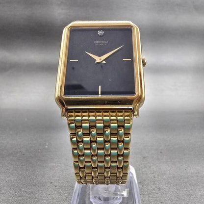 Seiko Watch Men 27mm Black Dial Gold Tone Rectangle 5Y30-5189 New Battery VTG5