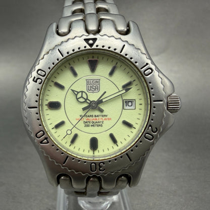 Elgin Dive Watch Men 39mm Green Dial Silver Tone Date Round FK-664 New Battery0