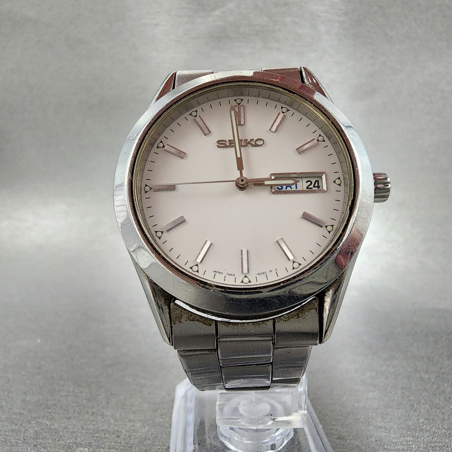Seiko Watch Men 37mm White Dial Silver Tone Round Daydate 7n439080 PARTS6