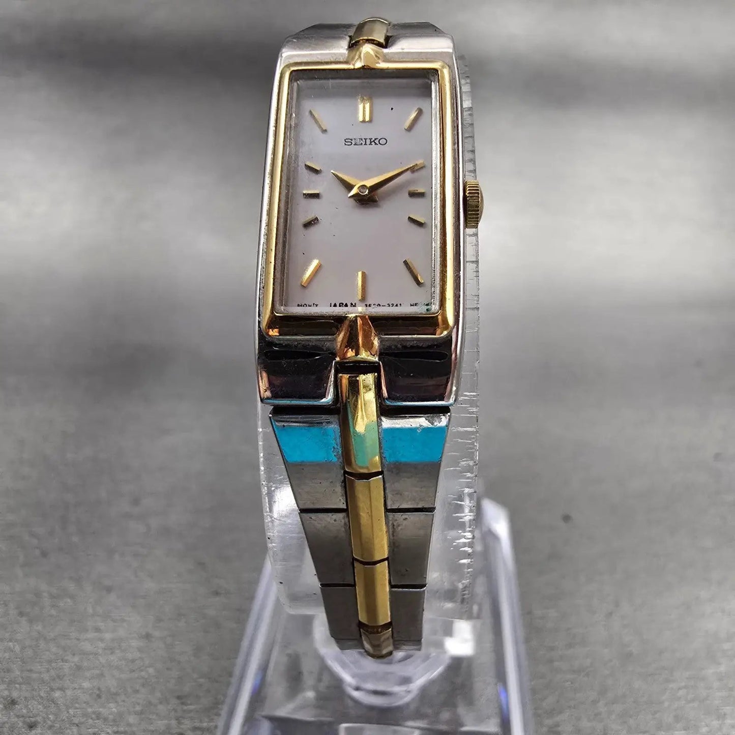 Seiko Watch Women 13mm White Dial Two Tone Rectangle 2E20-7479 New Battery VTG5