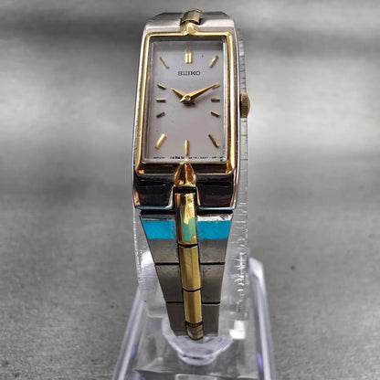Seiko Watch Women 13mm White Dial Two Tone Rectangle 2E20-7479 New Battery VTG5