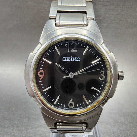 Seiko Watch Men 35mm Black Dial Silver Tone Round V701-2K80 New Battery VTG