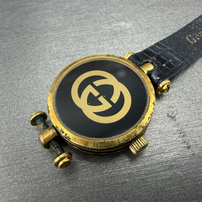 Gucci 2000L Watch Women 22mm Black Dial Gold Plated Round New Battery VTG LKASDT11