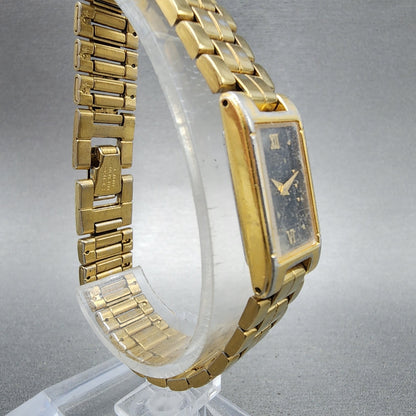 Seiko Tank Watch Women 13mm Black Dial Gold Tone 2e206590 New Battery3