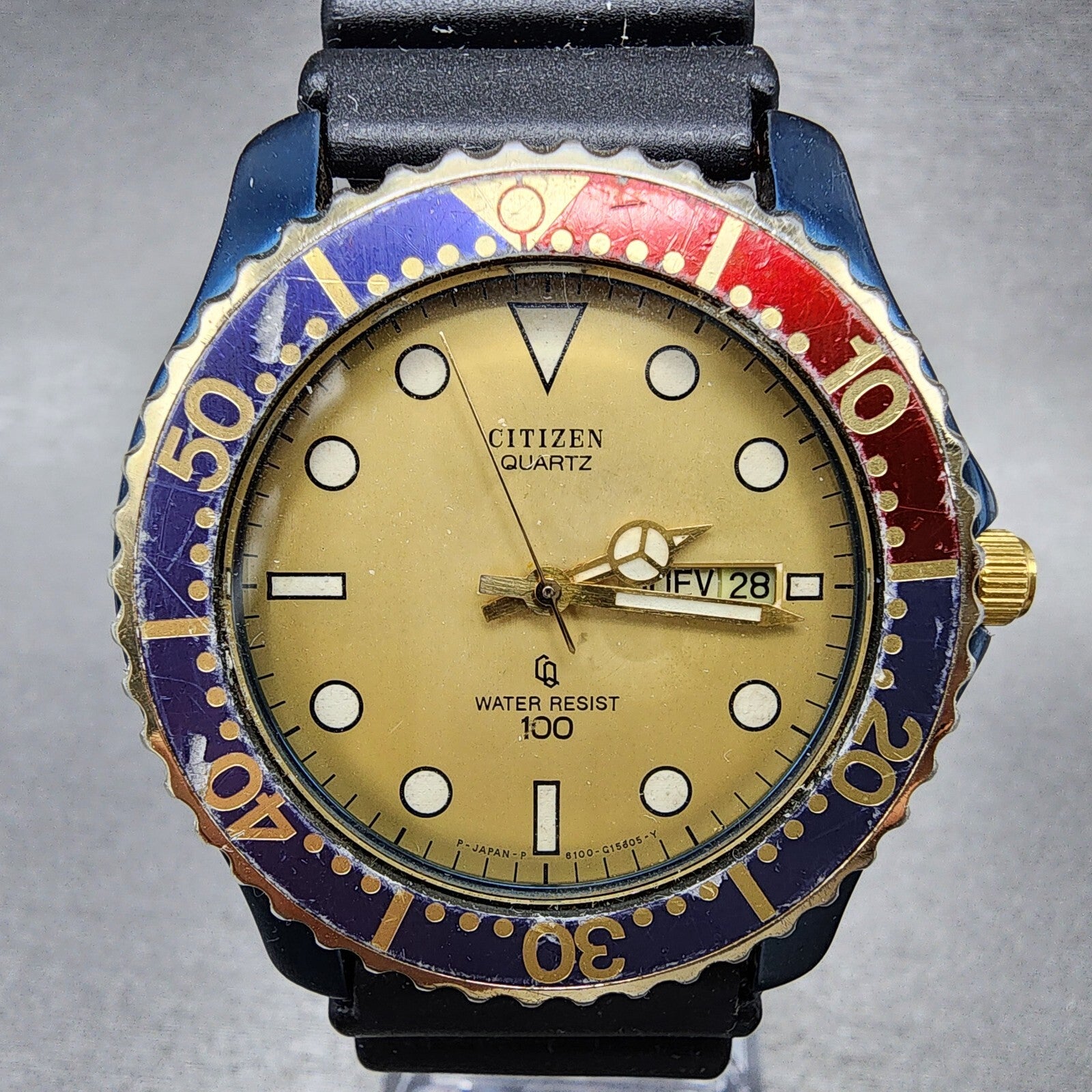 Citizen Dive Watch Men 40mm Gold Dial Blue Case Pepsi Bezel Round READ!!!!! Runs1