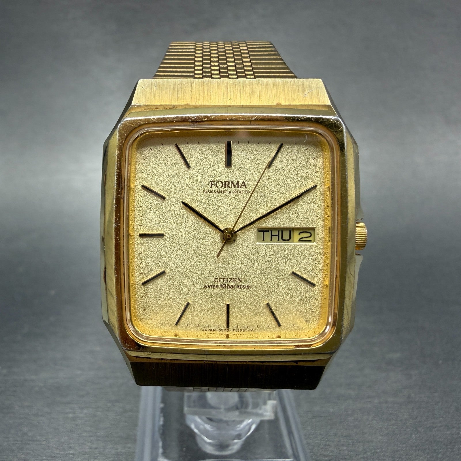Citizen Forma Tank Watch Men 31mm Champagne Dial Gold Tone Daydate New BatteryAB0