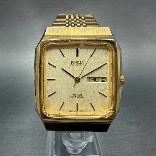 Citizen Forma Tank Watch Men 31mm Champagne Dial Gold Tone Daydate New BatteryAB0