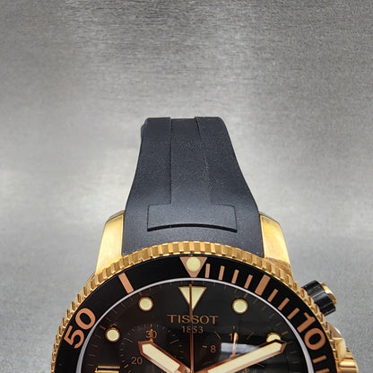 Tissot Seastar Chronograph Watch Men 45mm Black Dial Rose Gold Tone Date Works