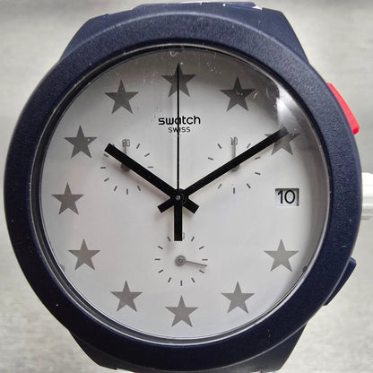 Swatch Free & Brave Chronograph Watch Men White Dial Blue Date SUSZ401 New Batt11