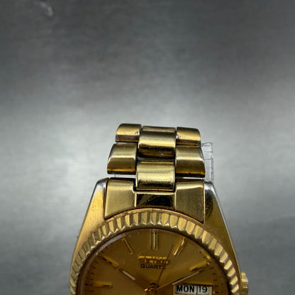 Seiko Watch Women 25mm Gold Dial Gold Tone Daydate Round 7N83-0041 New Battery 74