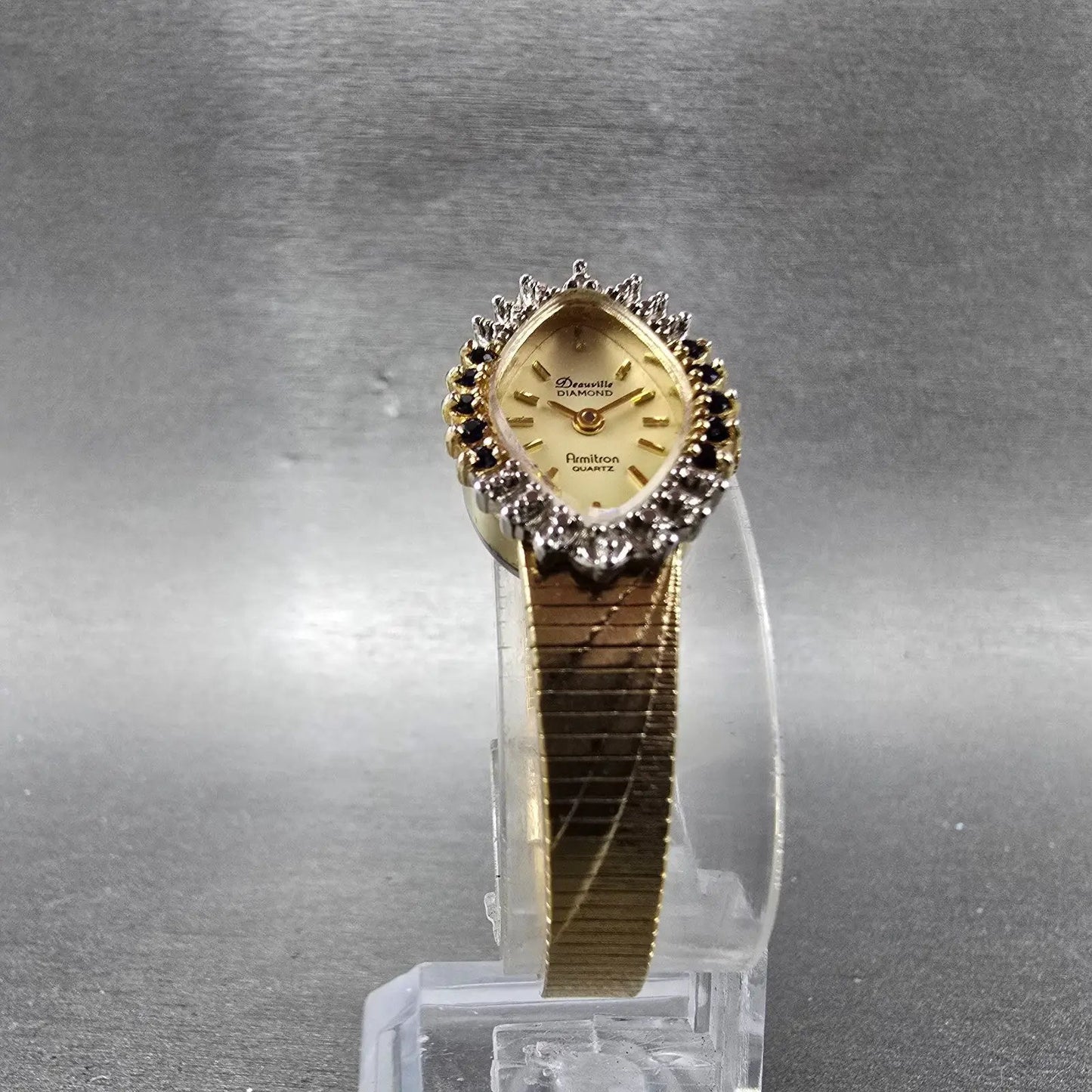 Armitron Deauville Diamond Watch Women 15mm Gold Dial Gold Sapphire Oval NewBatt5