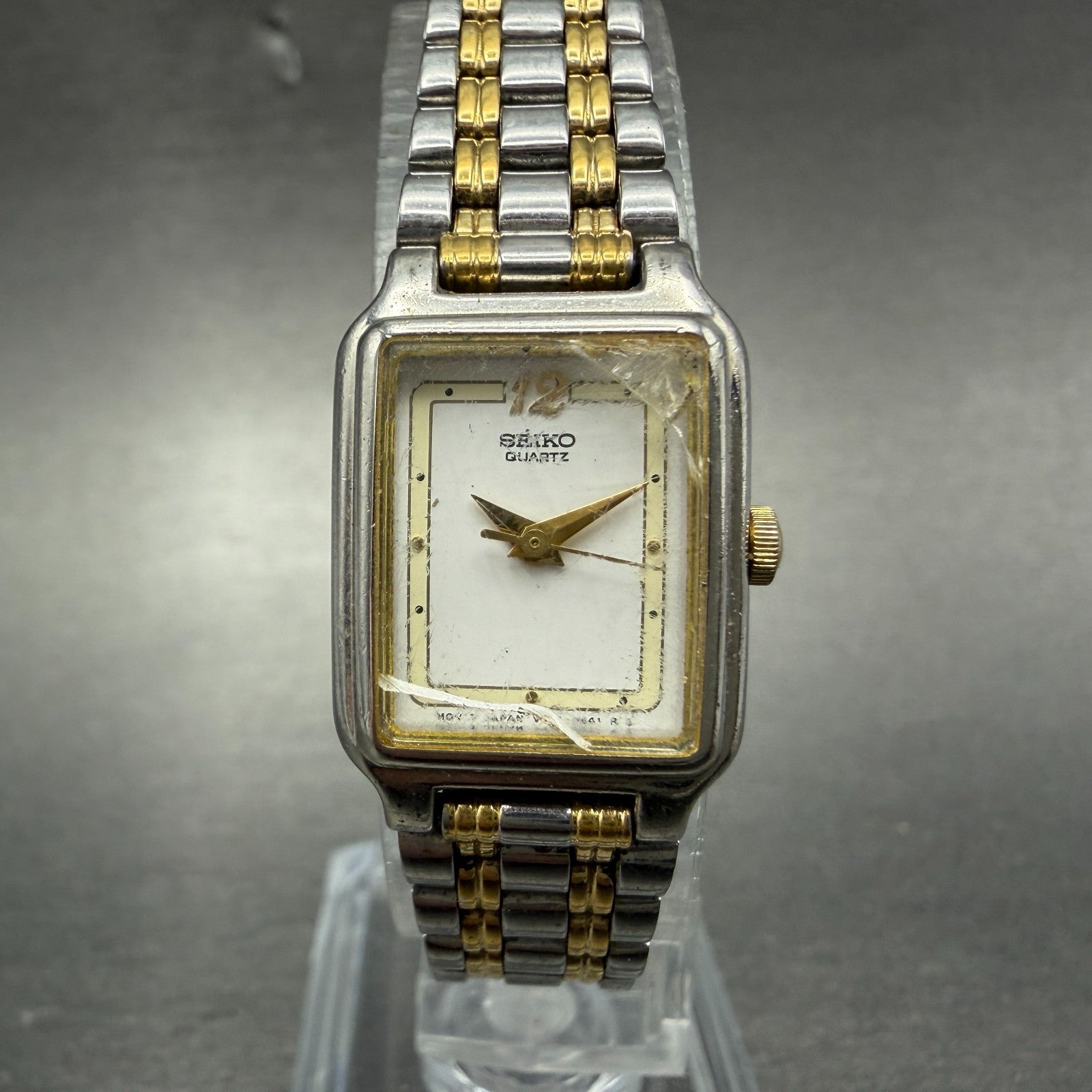 Seiko Tank Watch Women 18mm White Dial Two Tone Rectangle V401-5129 New BatteryX0