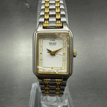 Seiko Tank Watch Women 18mm White Dial Two Tone Rectangle V401-5129 New BatteryX0
