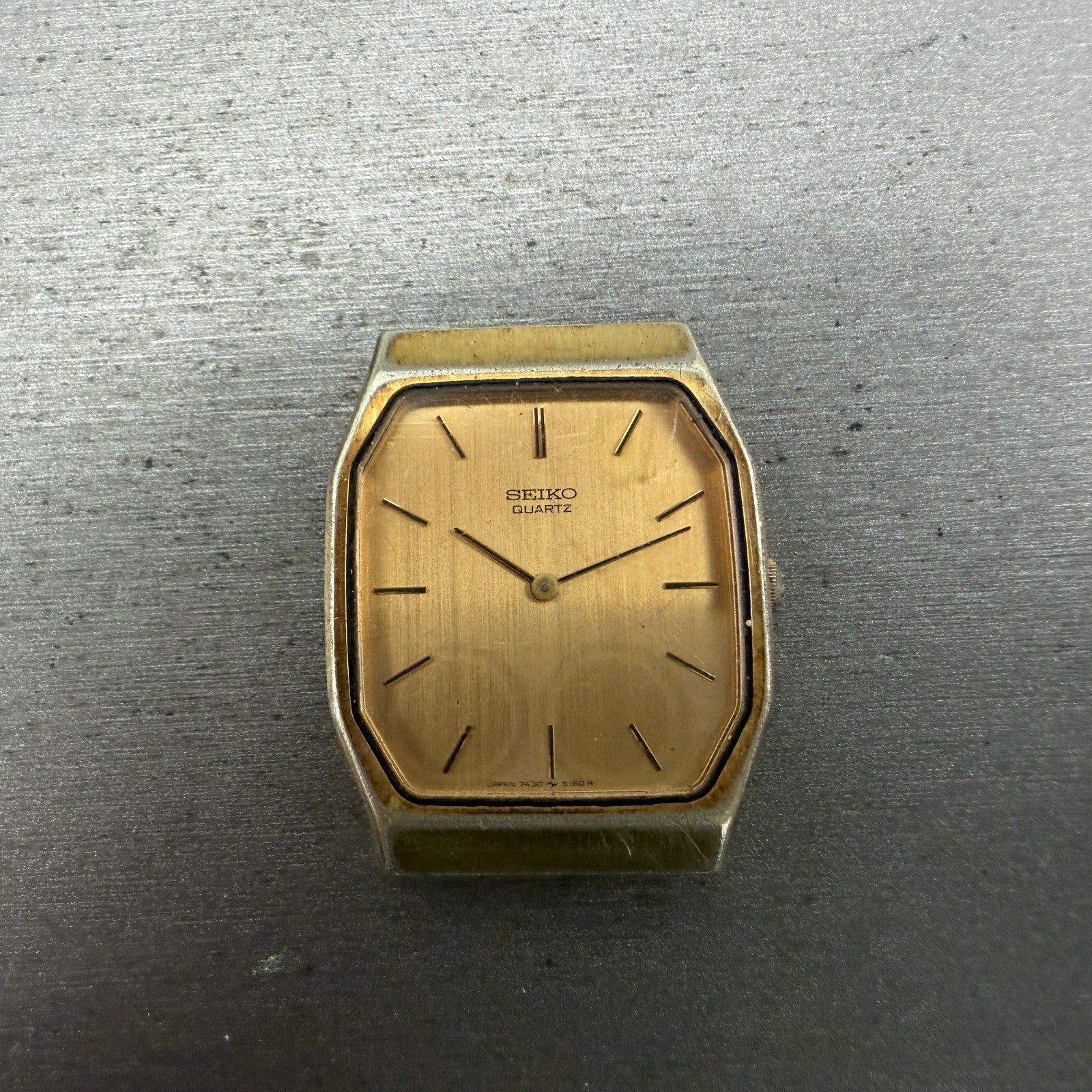 Seiko Tank Watch Men 28mm Champagne Dial Gold Tone Rectangle 7430-5089 PARTS0