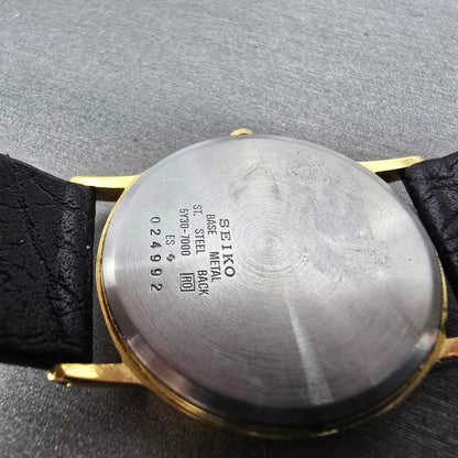 Seiko Watch Men 31mm White Dial Gold Round 5Y30-7000 New Battery VTG Leather9