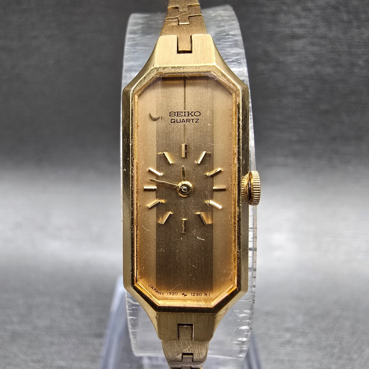 Seiko Watch Women 13mm Gold Dial Gold Tone Rectangle 1320-5989 New Battery0