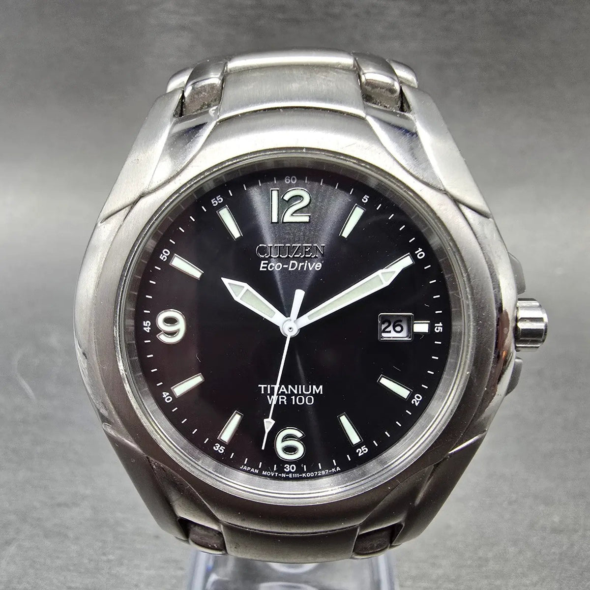 Citizen Eco-Drive Watch Men 41mm Black Dial Titanium Date E111-K006368 Runs JP430