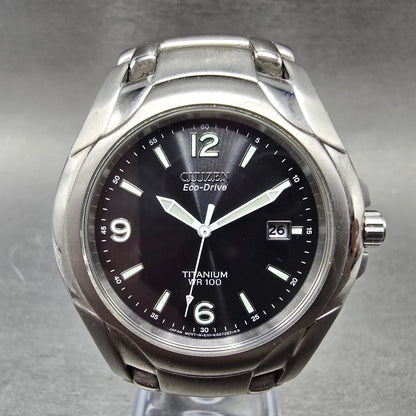 Citizen Eco-Drive Watch Men 41mm Black Dial Titanium Date E111-K006368 Runs JP430