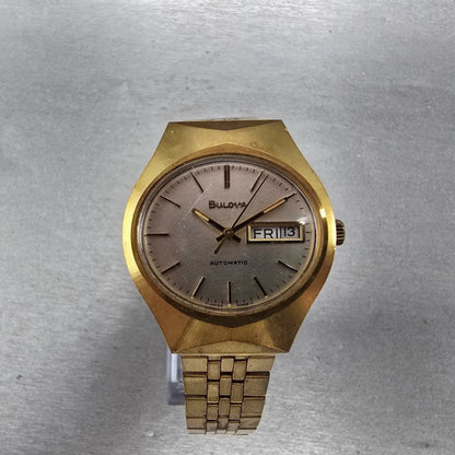 Bulova Automatic Watch Men 35mm Silver Dial Gold Tone Daydate Round N7 PARTS VTG0