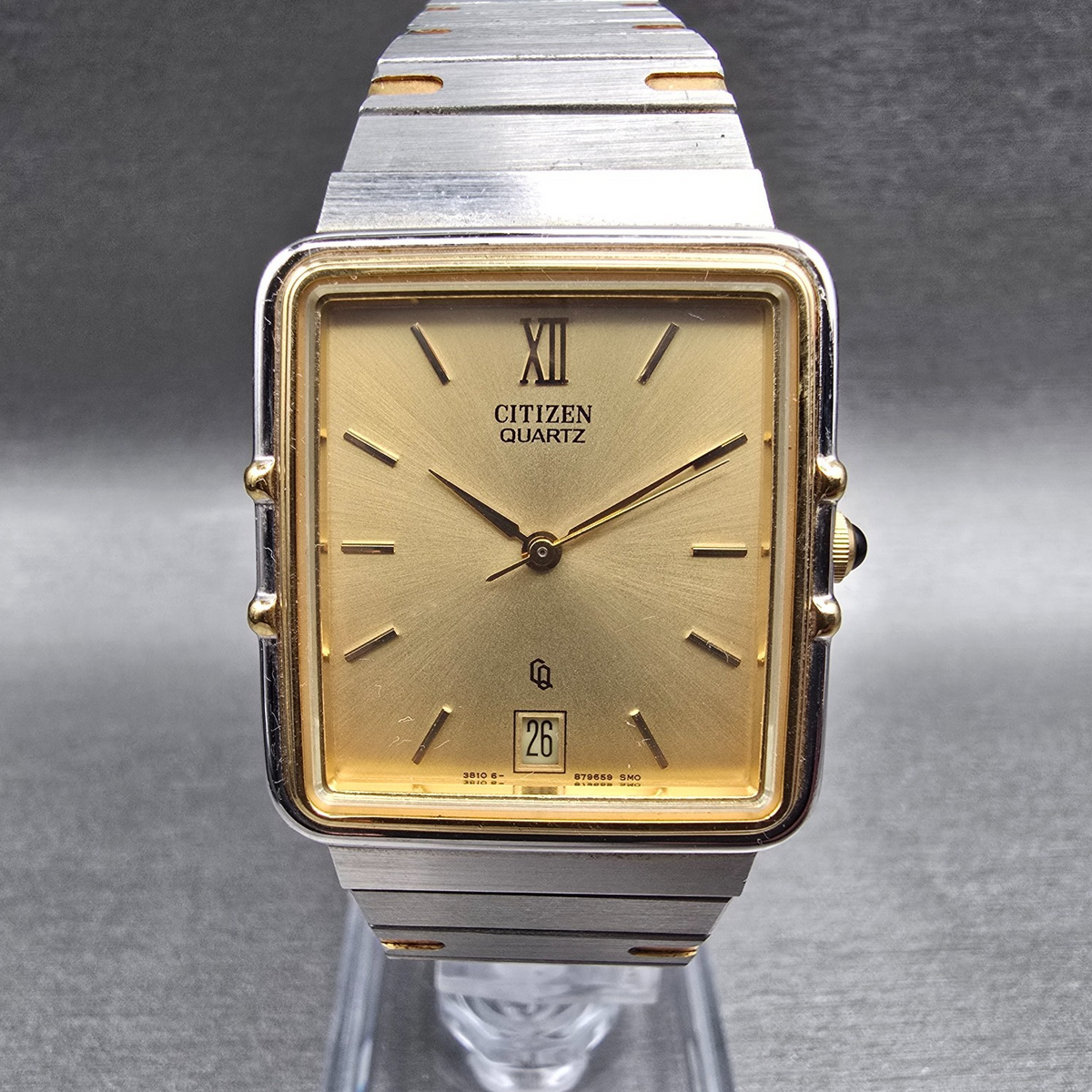 Citizen Tank Watch Men 28mm Gold Dial Gold Tone Date 3810-895100 New Battery CQ0