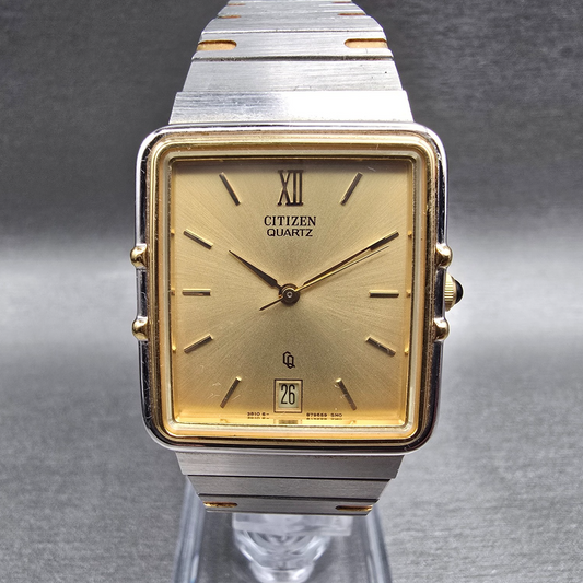 Citizen Tank Watch Men 28mm Gold Dial Gold Tone Date 3810-895100 New Battery CQ0