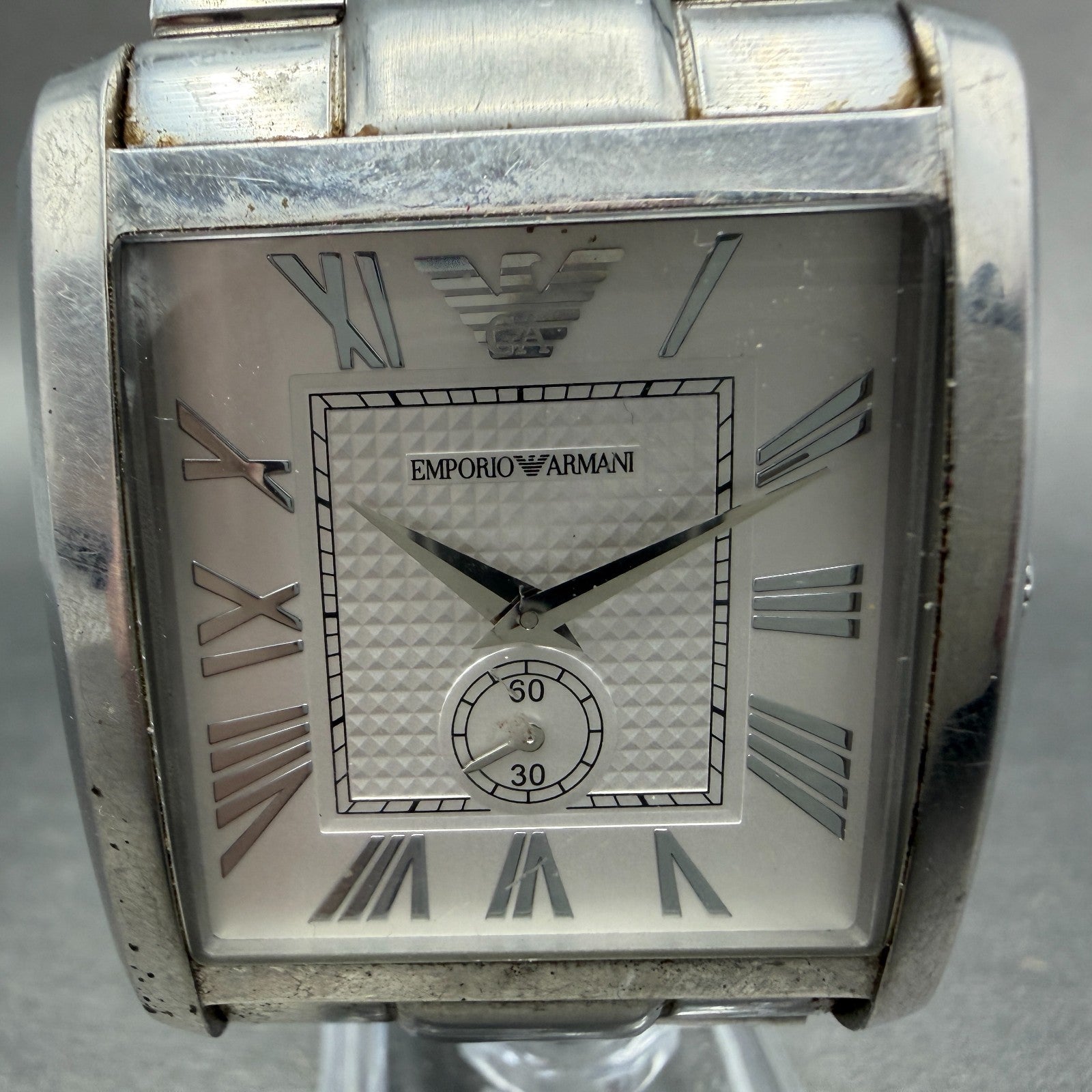 Emporio Armani Tank Watch Men 37mm Silver Dial Silver Tone Rectangle New Battery1