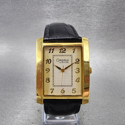 Bulova Caravelle Tank Watch Men 30mm Cream Dial Gold Tone Rectangle New Battery0