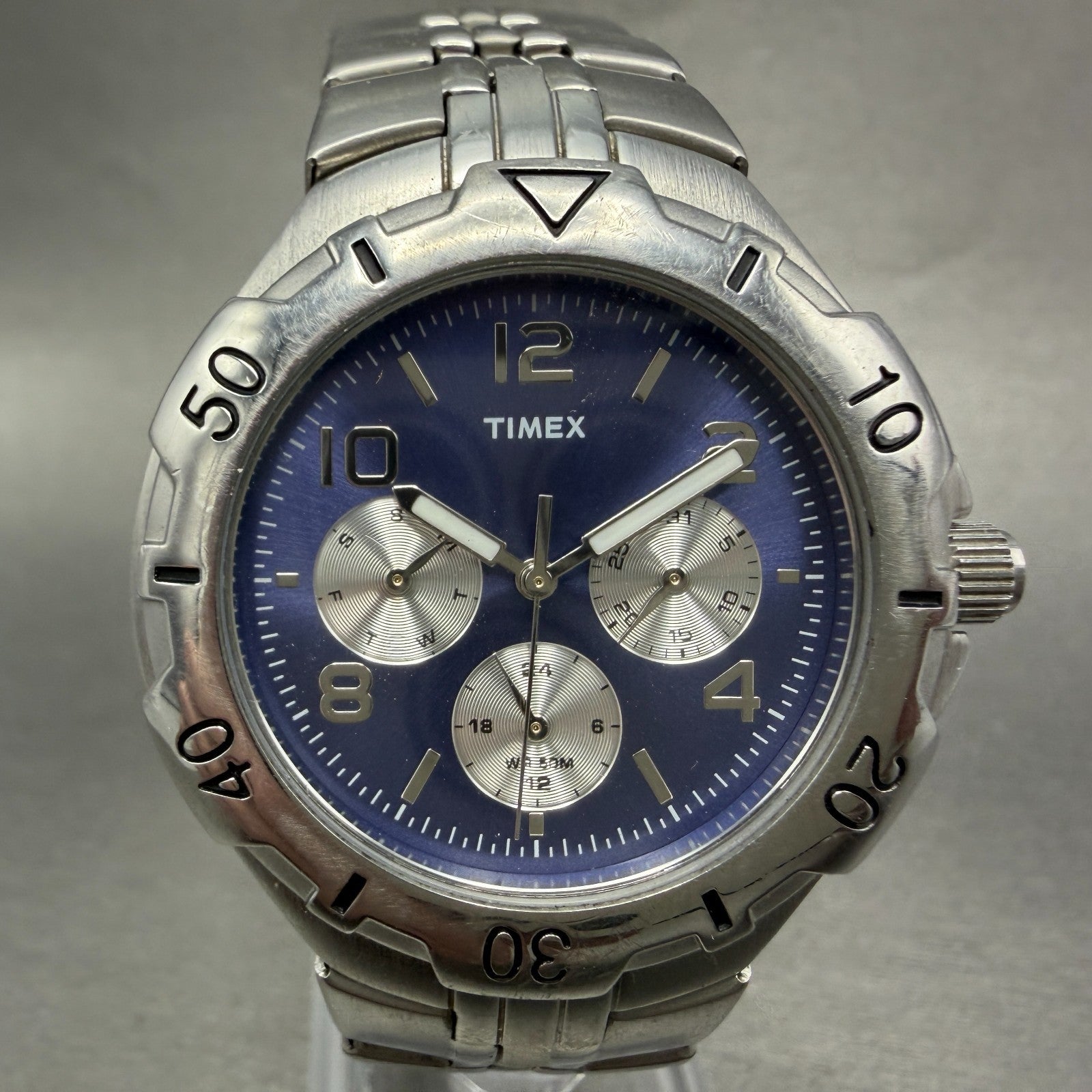 Timex Dinamica Watch Men 39mm Blue Dial Silver Tone Daydate T2G501 New Battery0