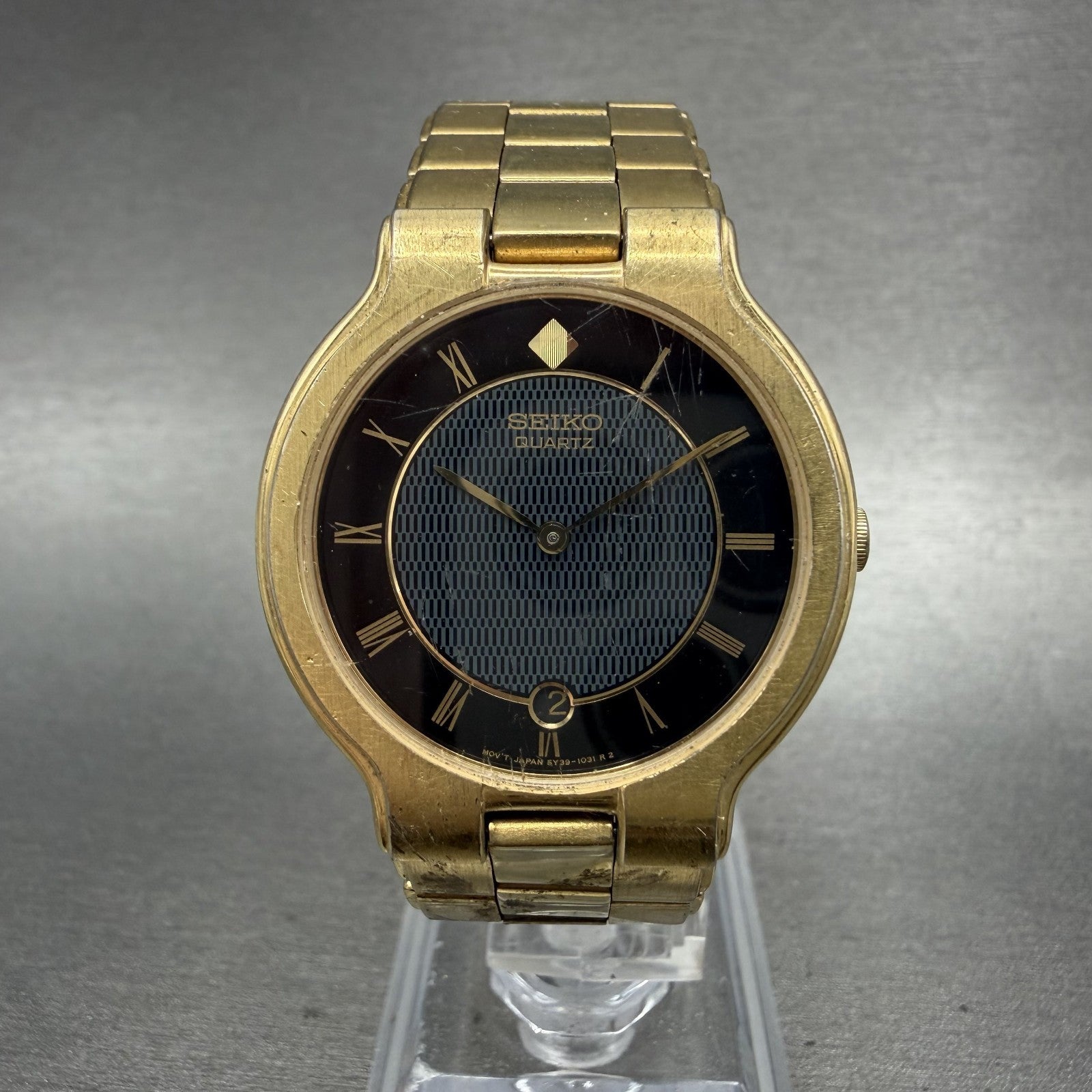 Seiko Watch Men 33mm Black Dial Gold Tone Date Round 5Y391029 New Battery0