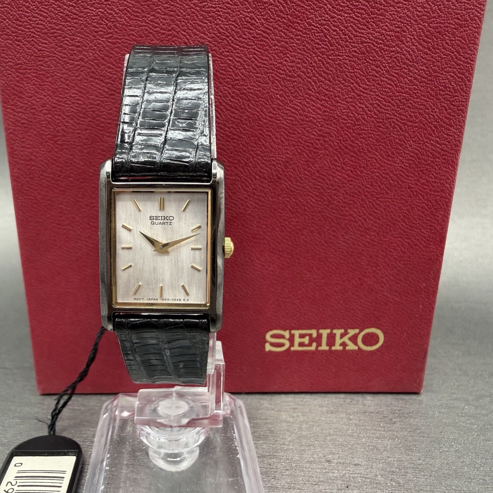 Seiko Tank Watch Women 18mm MOP Dial Black Tone Rectangle 1N005C89 NOS Runs Box0