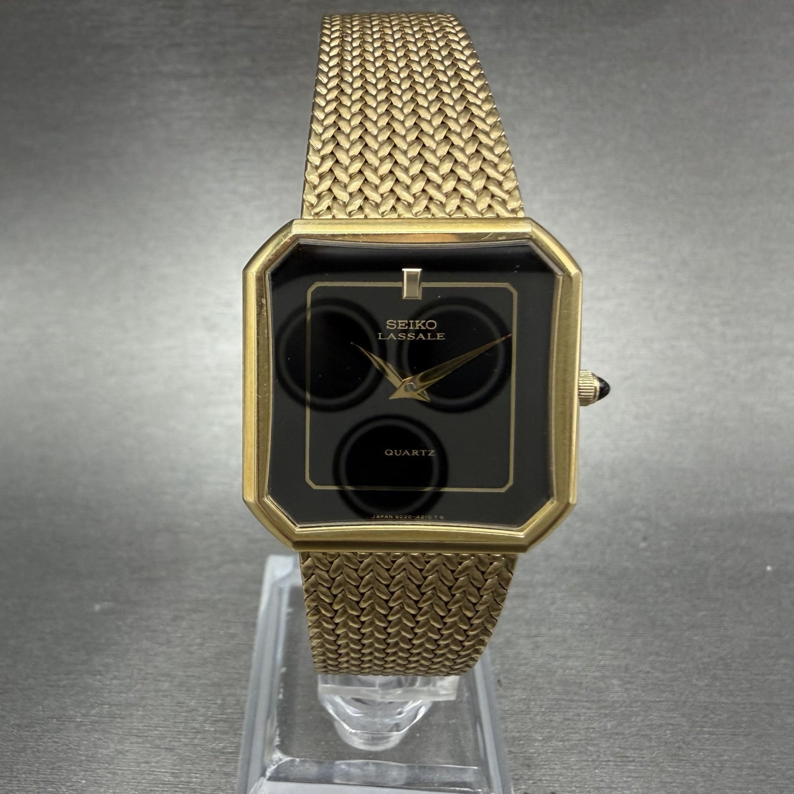 Seiko Lassale Watch Men 27mm Black Dial Gold Tone Octagon 6020-5349 NewBattery0