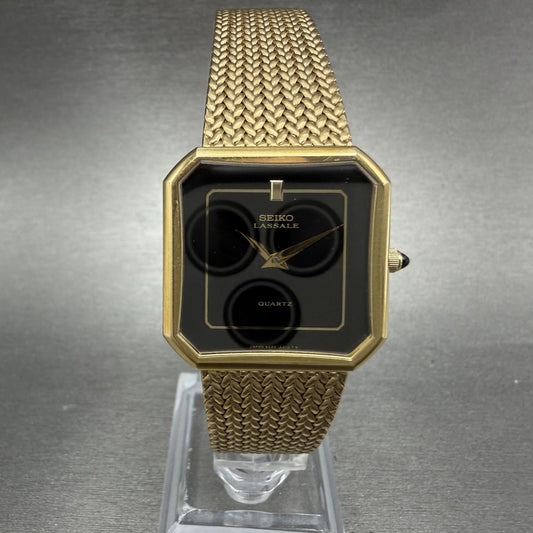 Seiko Lassale Watch Men 27mm Black Dial Gold Tone Octagon 6020-5349 NewBattery0