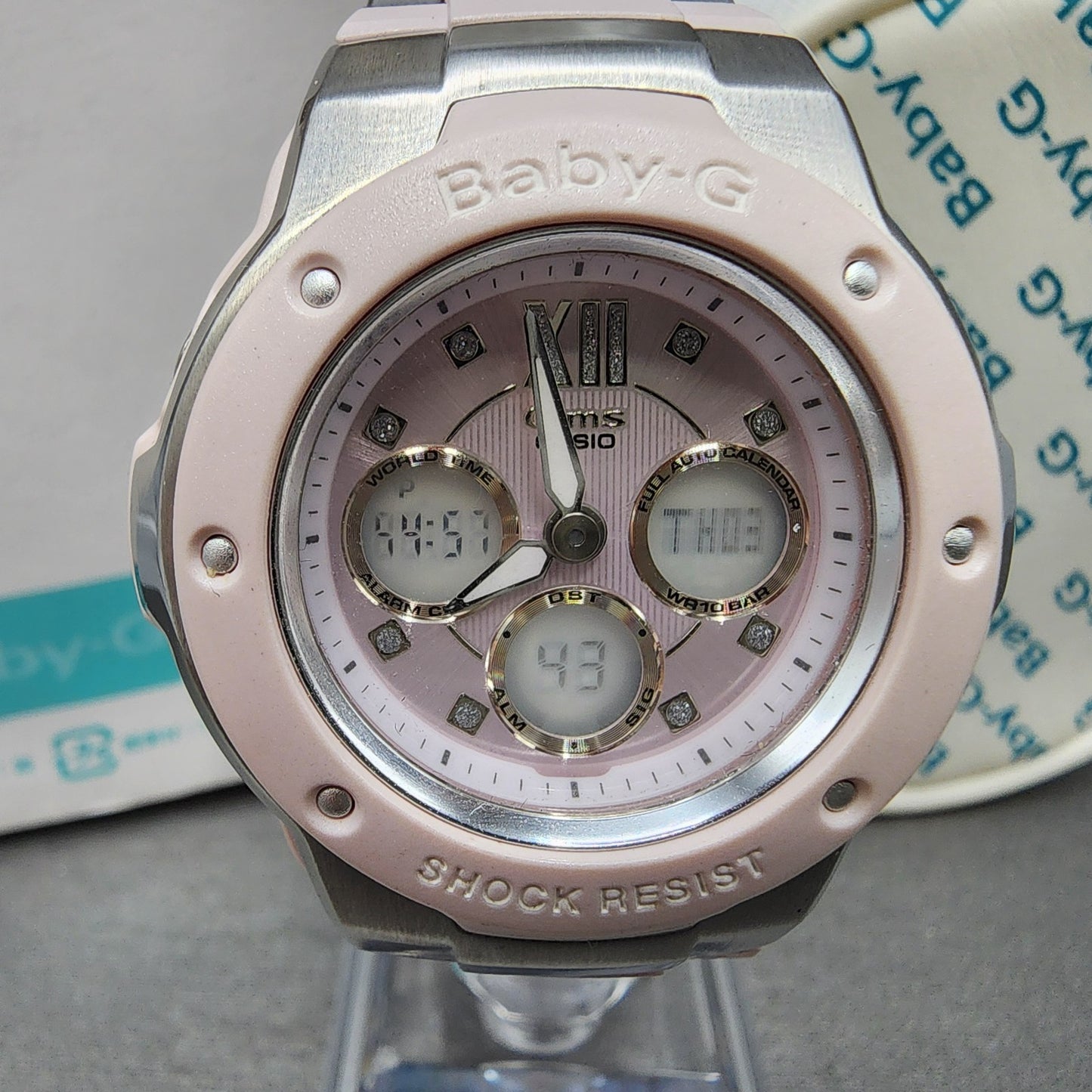Casio BabyG MSG301 Watch Women 39mm Pink Dial Silver Tone Analog Digital Works1