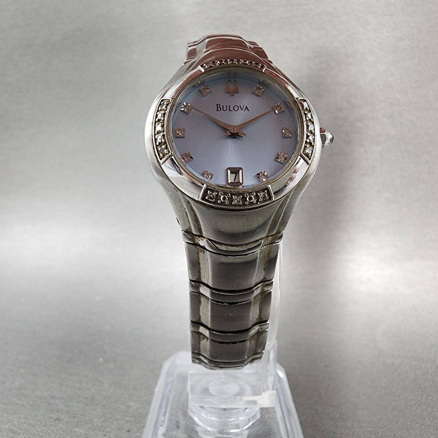 Bulova Watch Women 26mm Blue Dial Steel Diamond Date Round 96R02 New Battery5