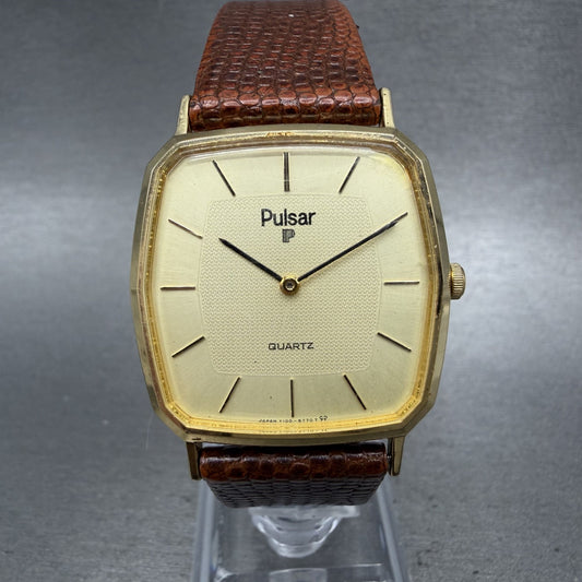 Seiko Pulsar Tank Watch Men 30mm Champagne Dial Gold Tone Y1005549 New Battery0