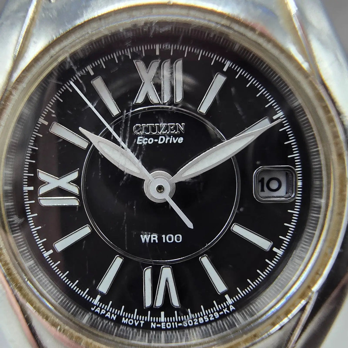 Citizen Eco-Drive Watch Women 25mm Black Dial Silver Date E011-S015502 Runs JP61