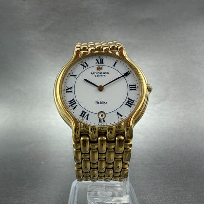 Raymond Weil Fidelio Watch Men 32mm White Dial Gold Plated Date 4802 New Battery5