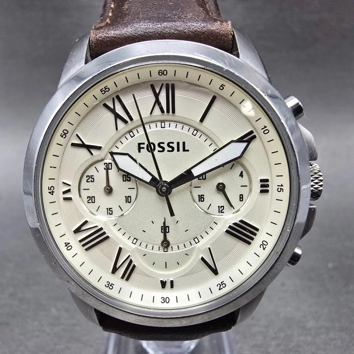 Fossil Chronograph Watch Men 38mm Cream Dial Silver Tone FS4839 New Battery0