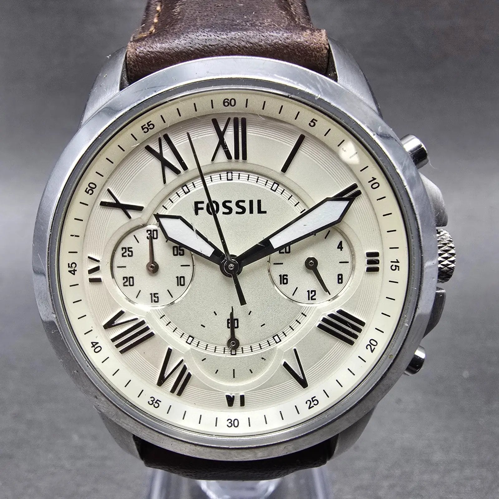 Fossil Chronograph Watch Men 38mm Cream Dial Silver Tone FS4839 New Battery0