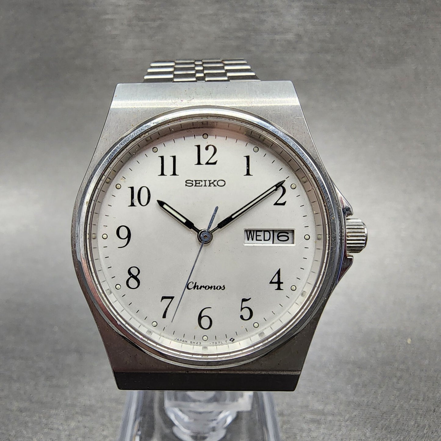 Seiko Chronos Watch Men 35mm White Dial Steel Daydate Round 5H237D20 PARTS0