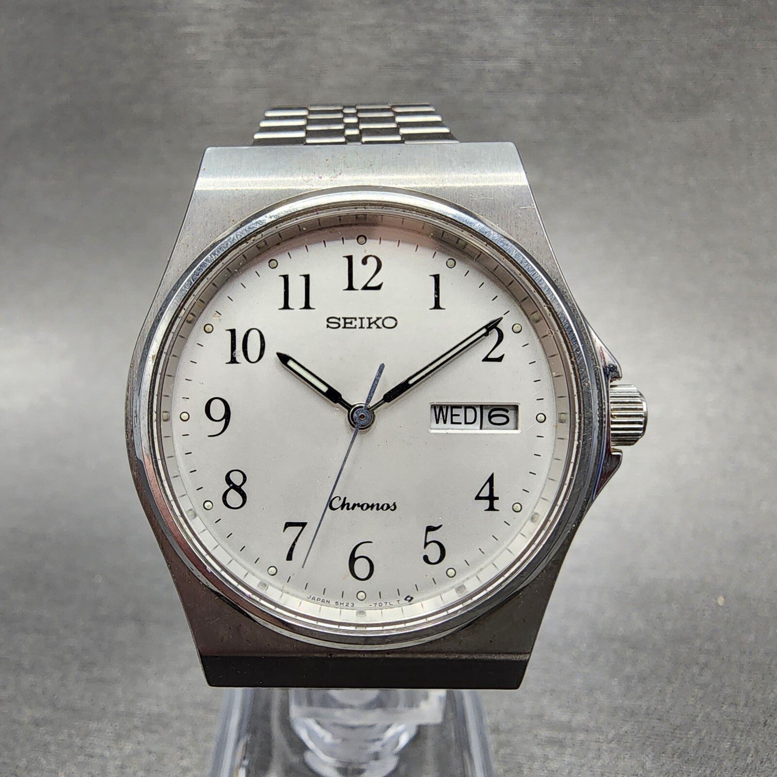 Seiko Chronos Watch Men 35mm White Dial Steel Daydate Round 5H237D20 PARTS0