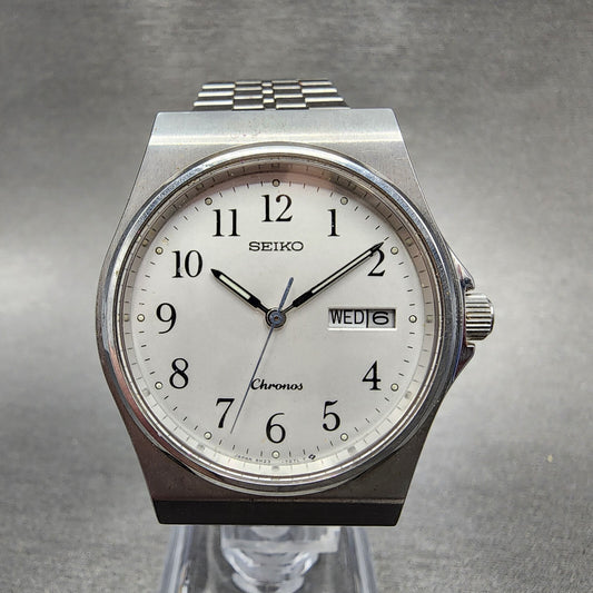 Seiko Chronos Watch Men 35mm White Dial Steel Daydate Round 5H237D20 PARTS0