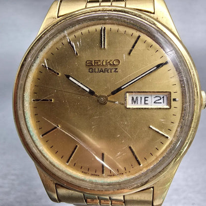 Seiko Watch Men 35mm Gold Dial Gold Tone Daydate Round 7N43-8A39 New Battery VTG1