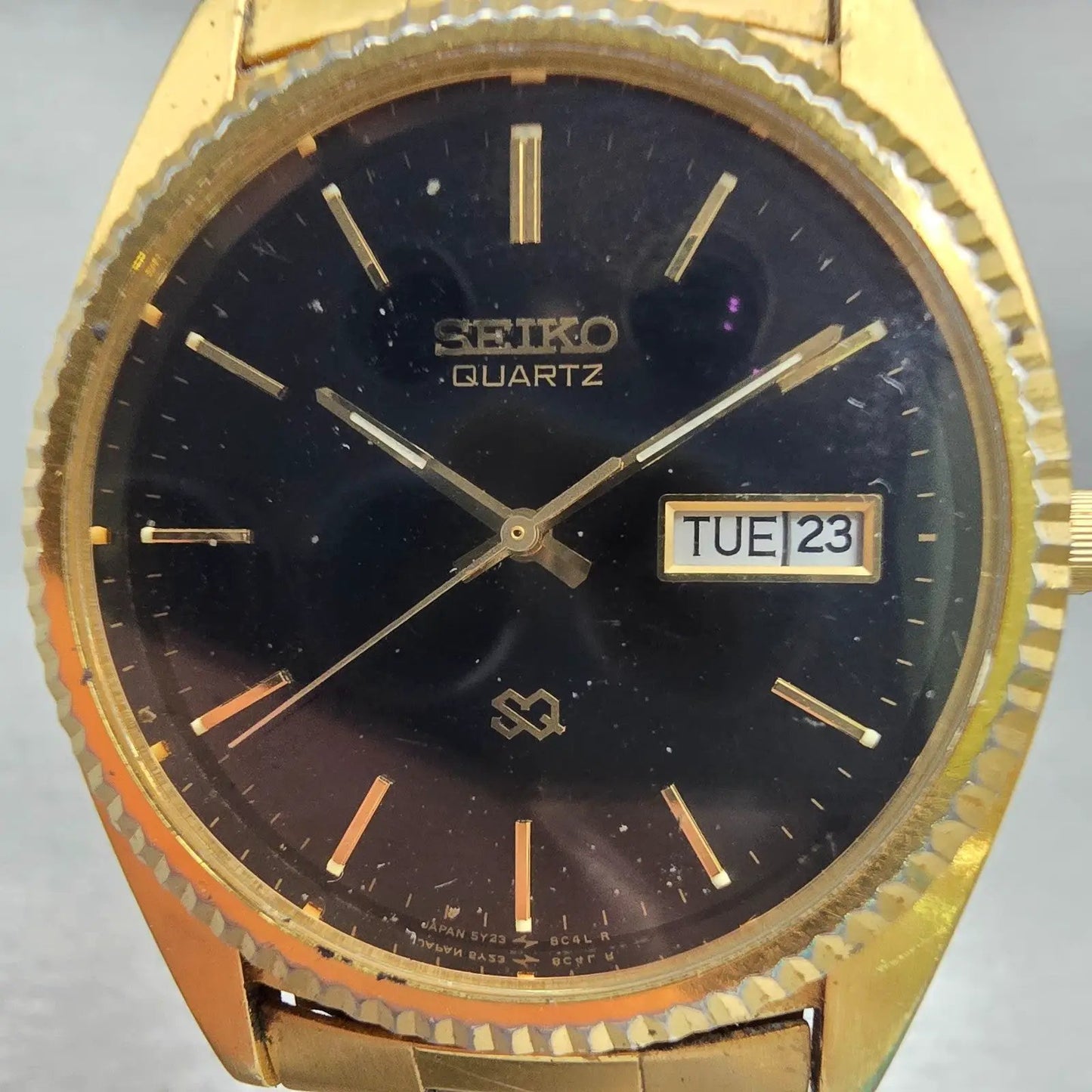 Seiko President Watch Men 36mm Black Dial Gold Tone Daydate 5Y23-8A60 New Batt1
