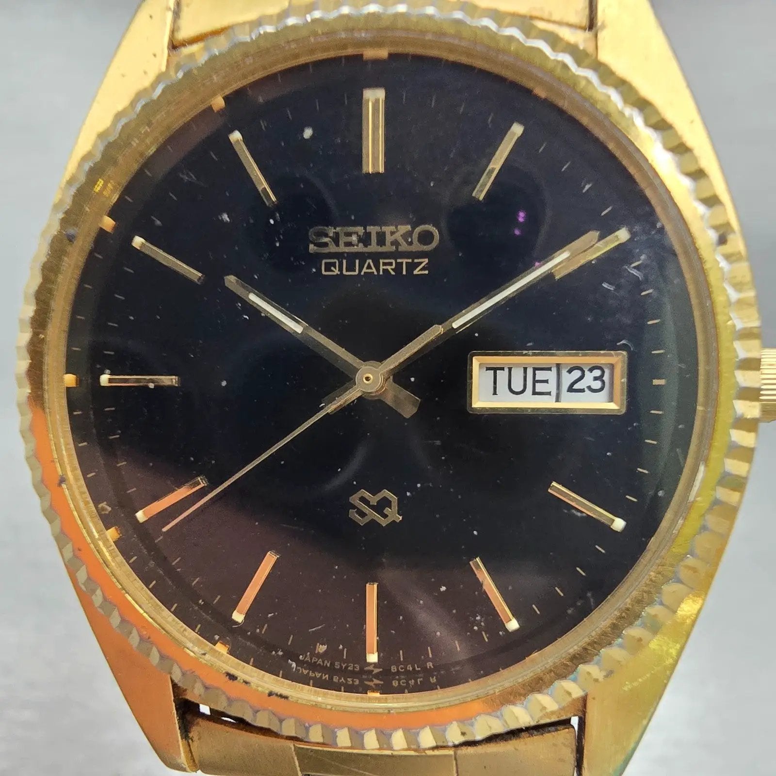 Seiko President Watch Men 36mm Black Dial Gold Tone Daydate 5Y23-8A60 New Batt1