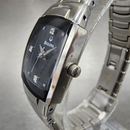 Bulova Tank Watch Women 22mm Black Dial Silver Tone Diamond 96P15 New Battery2