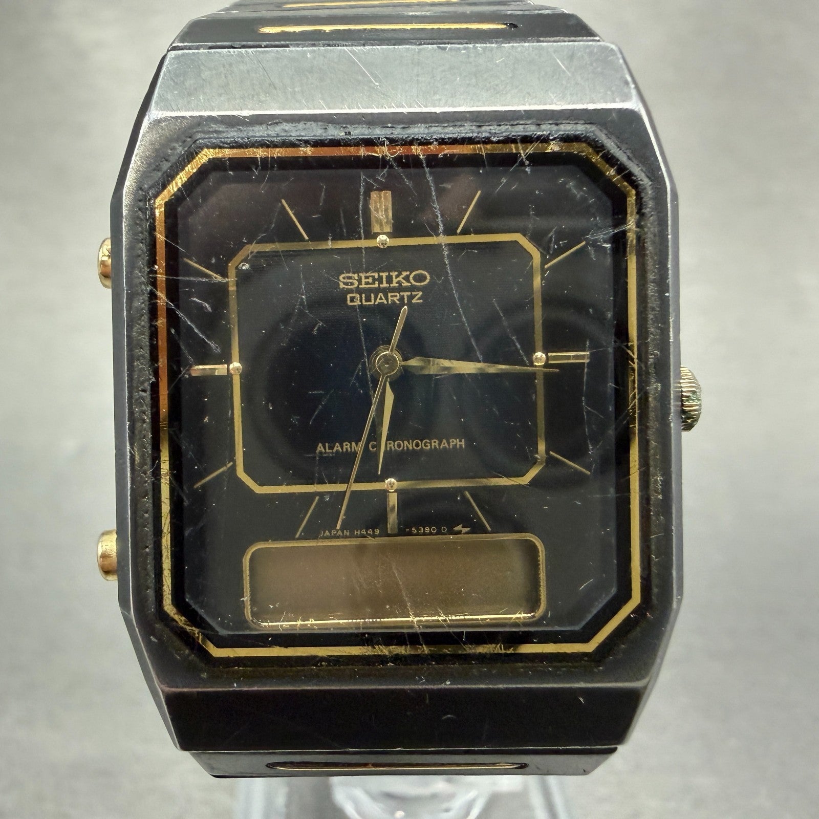 Seiko Analog Digital Watch Men 29mm Black Gold Alarm Chrono H449-5339 PARTS VTG0