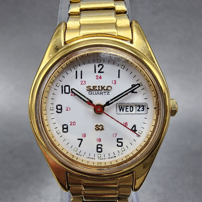 Seiko SQ Watch Women 24mm White Dial Gold Tone Daydate Round 7N83-6A09 New Batt